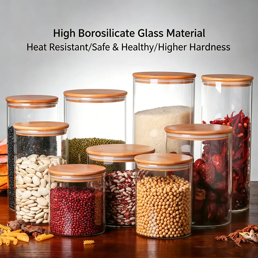 Glass Storage Jars with Airtight Bamboo Lids – Pantry & Kitchen Organizer Set🌾