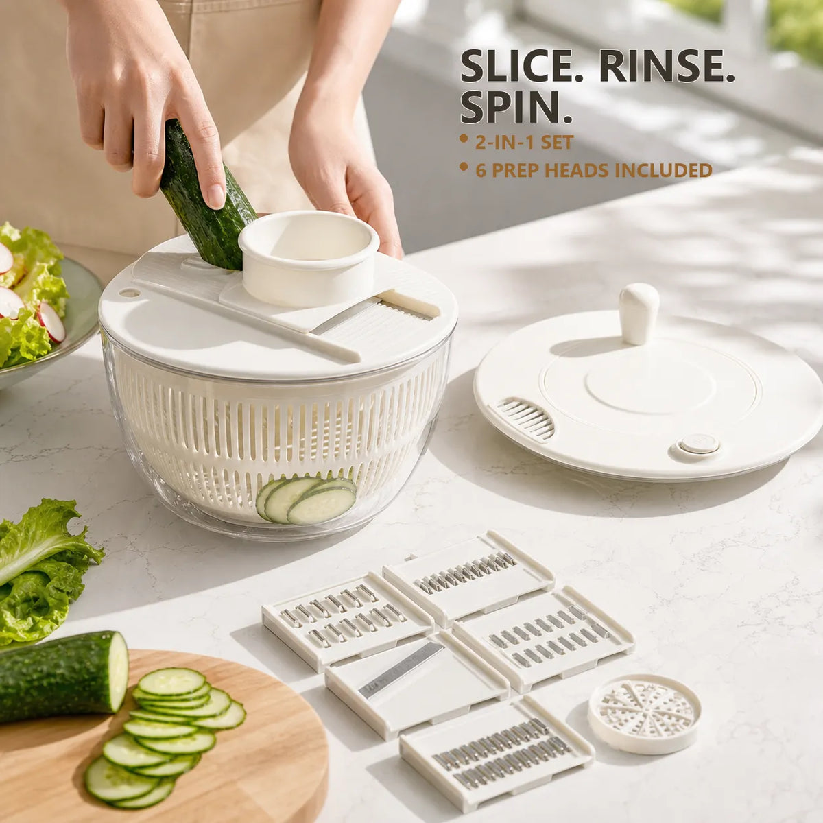 Pearl White 2-in-1 salad spinner and vegetable slicer set