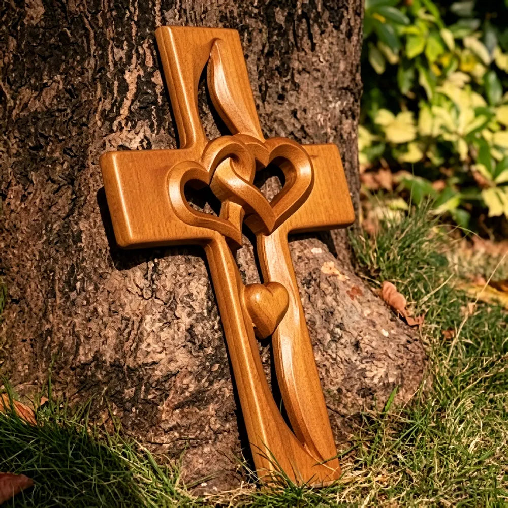 ✝️ Handmade Wooden Double-Heart Cross Wall Decor