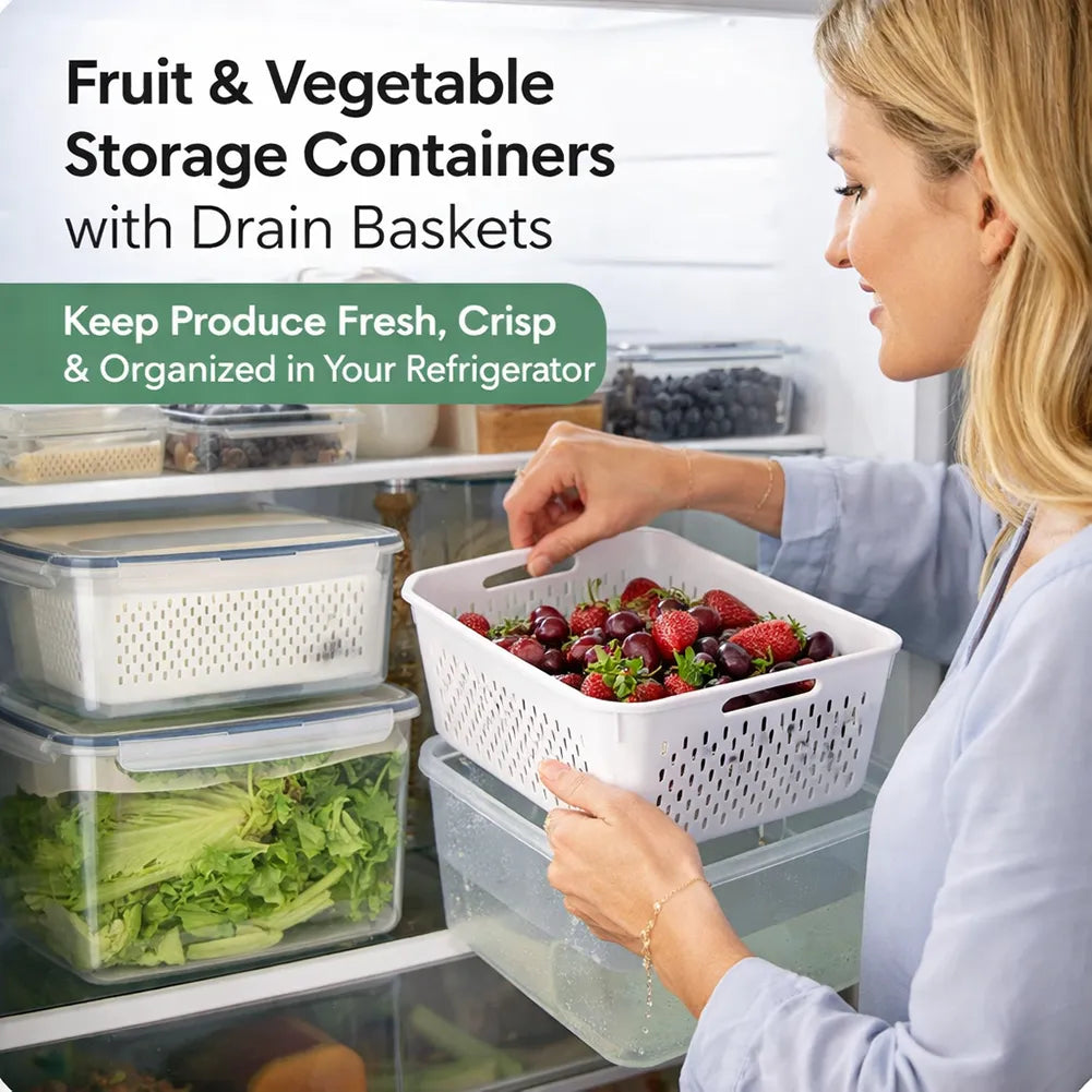 🥬 Fruit & Vegetable Storage Containers with Drain Baskets