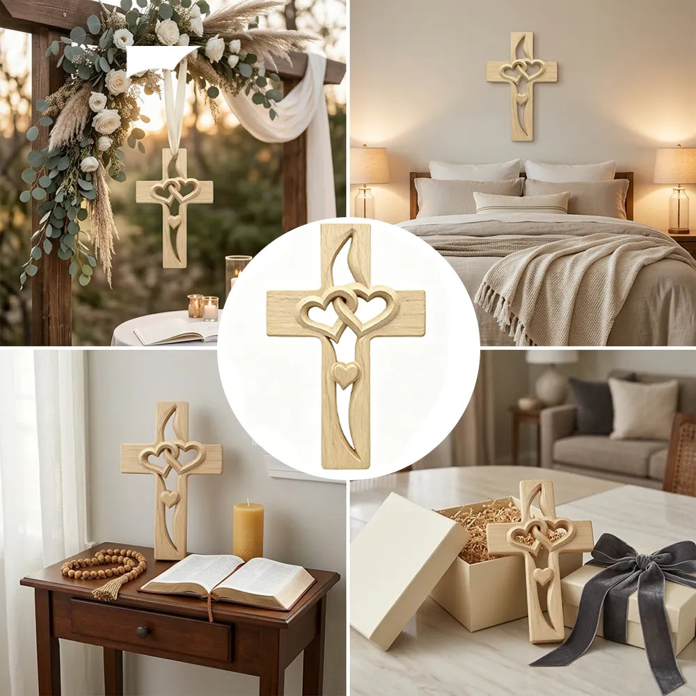 ✝️ Handmade Wooden Double-Heart Cross Wall Decor