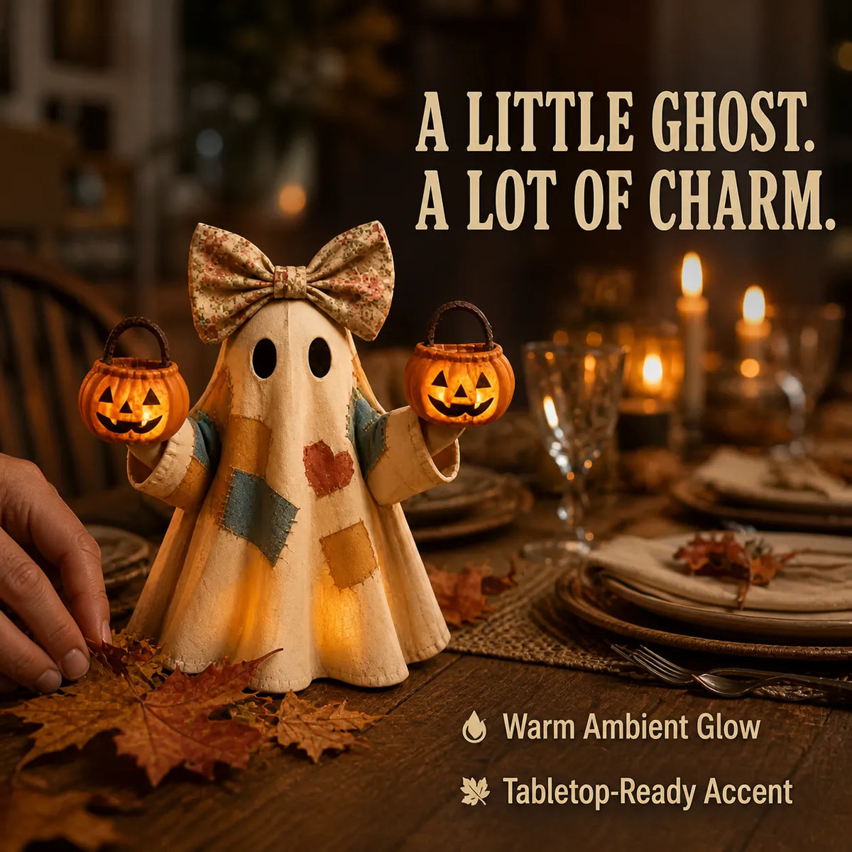 Small double-pumpkin ghost used as a warm Halloween centerpiece