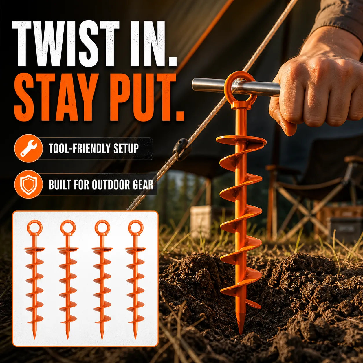 Heavy-Duty Full-Spiral Ground Anchor Screws — 4-Piece Set