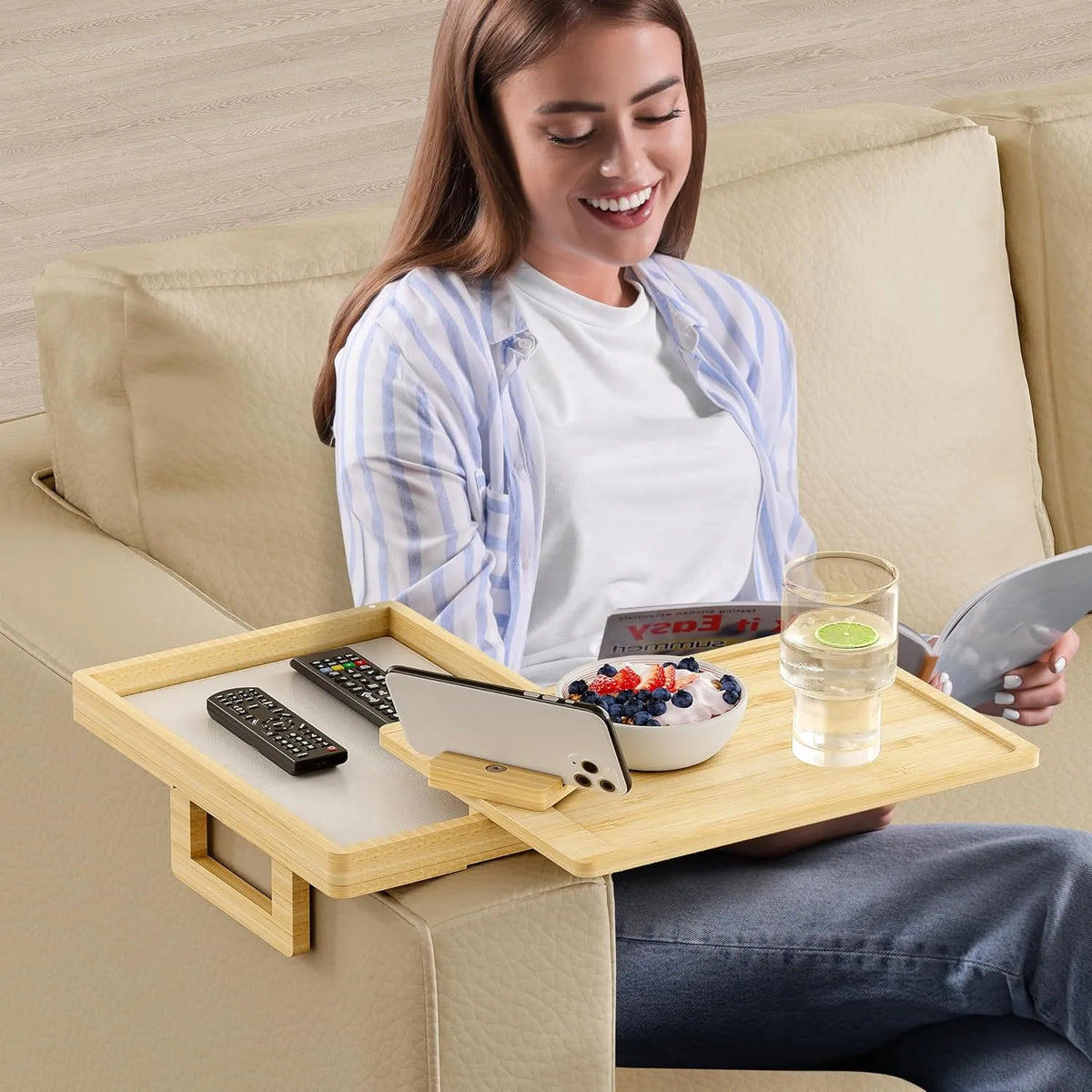 Adjustable Couch Armrest Tray Table with 360° Rotating Stand & Hidden Storage