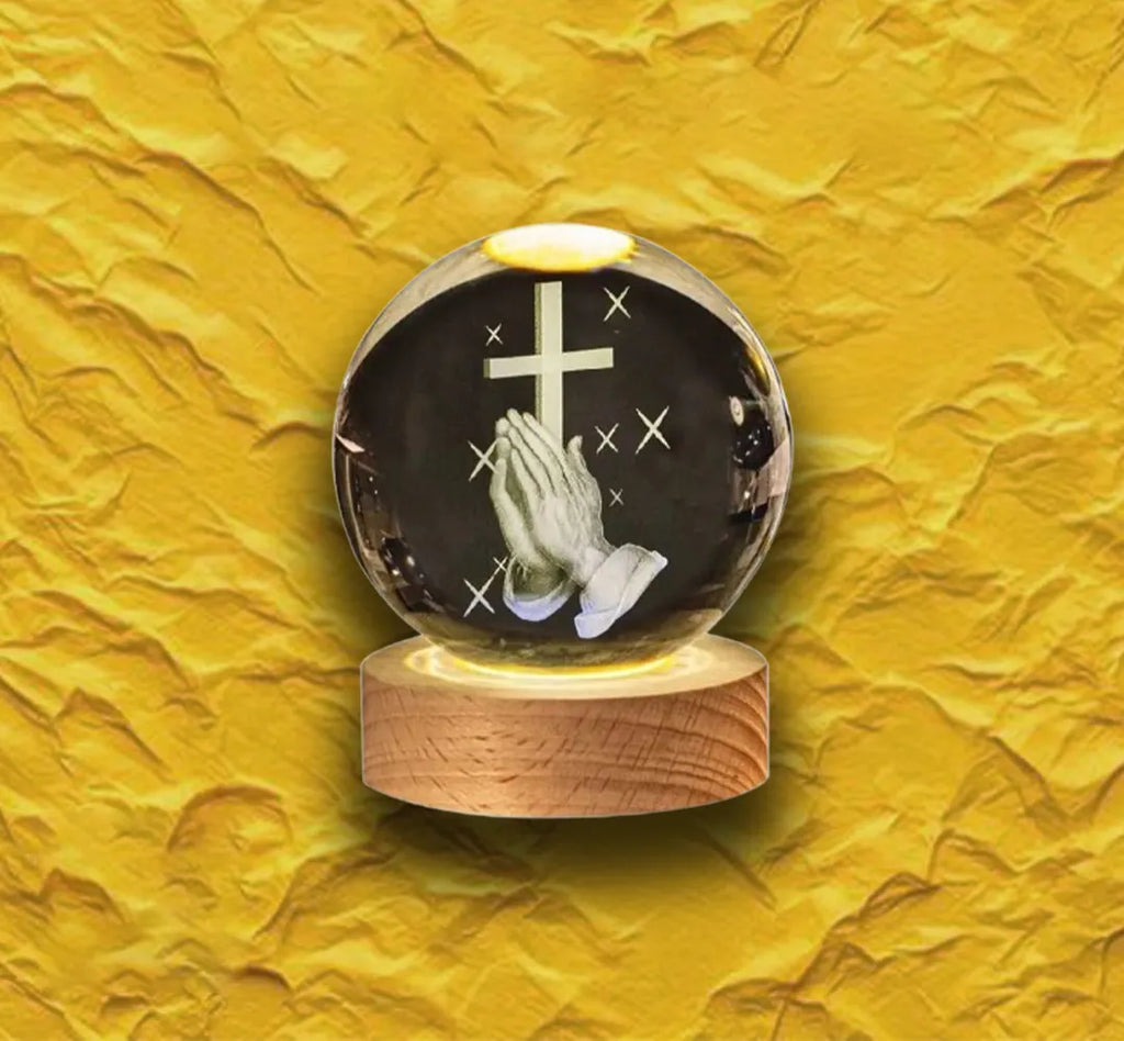 3D Engraved Crystal Ball Night Light | LED Wooden Base with Touch Switch - Perfect Gift Symbolizing Christ’s Presence
