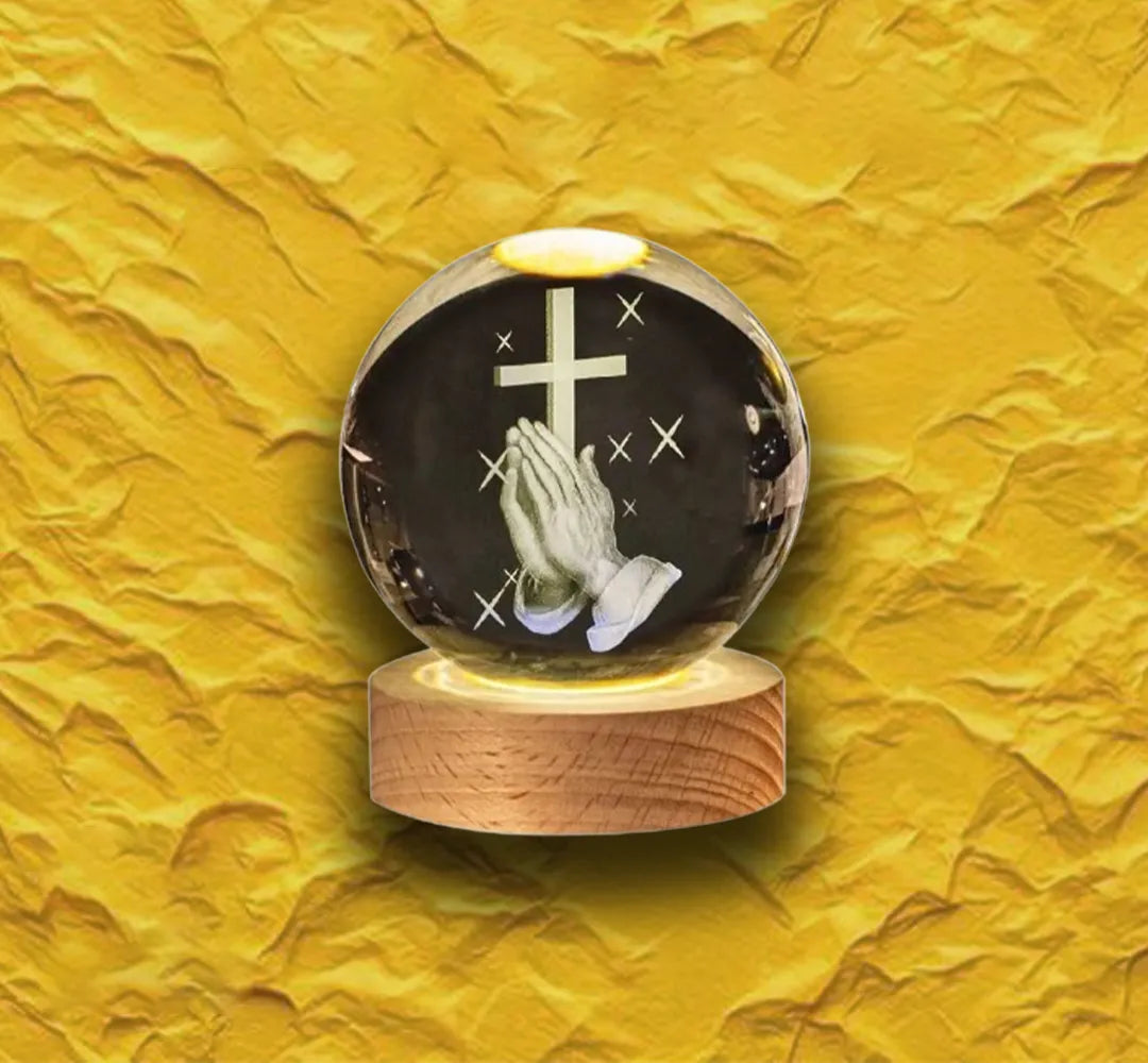 3D Engraved Crystal Ball Night Light | LED Wooden Base with Touch Switch - Perfect Gift Symbolizing Christ’s Presence