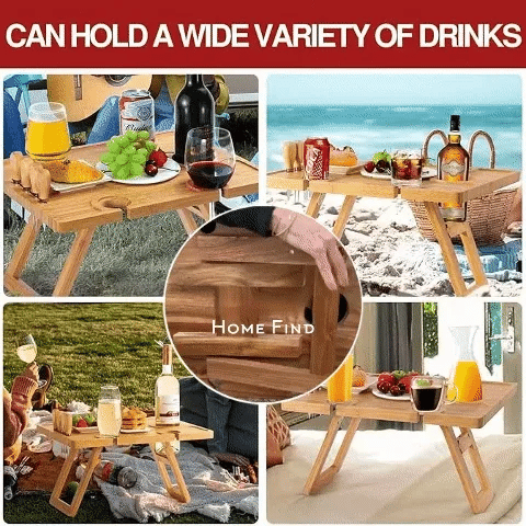 🍷 Portable Bamboo Picnic Table with Wine Glass Holders