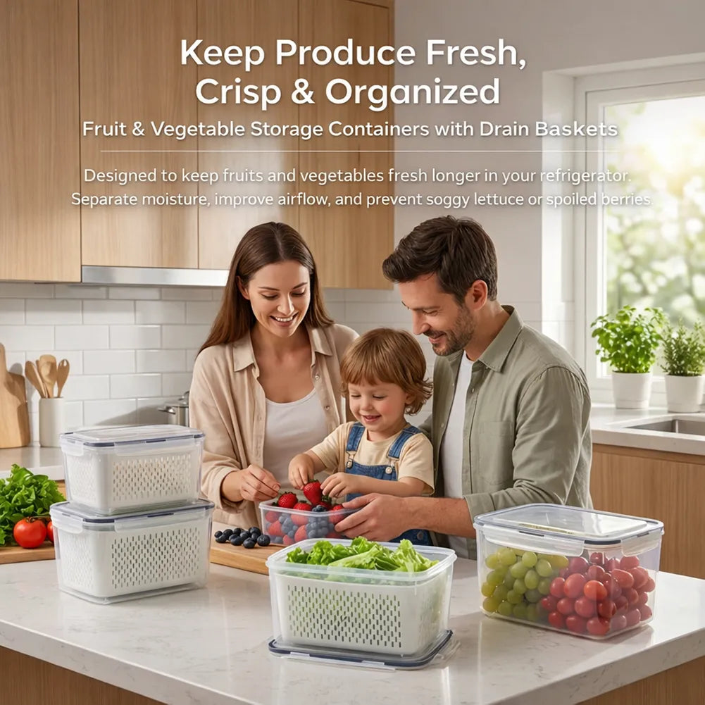 🥬 Fruit & Vegetable Storage Containers with Drain Baskets