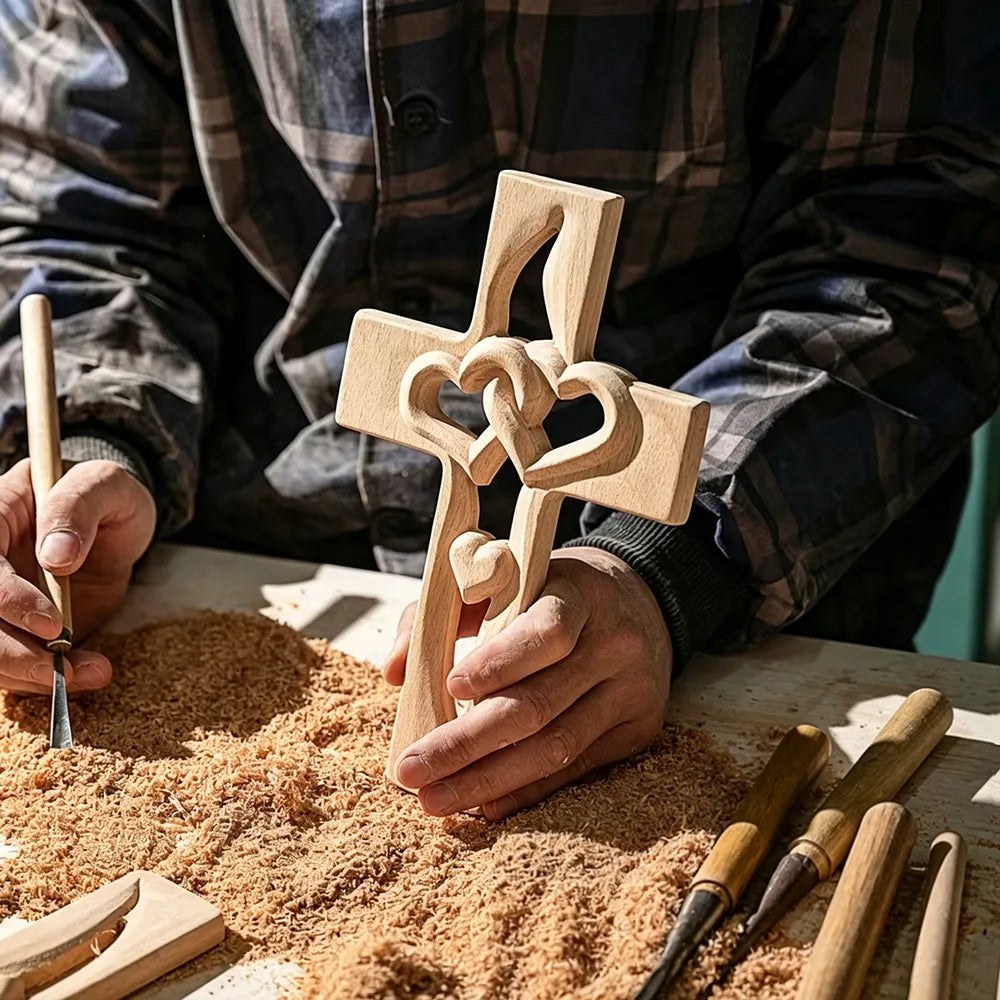 ✝️ Handmade Wooden Double-Heart Cross Wall Decor