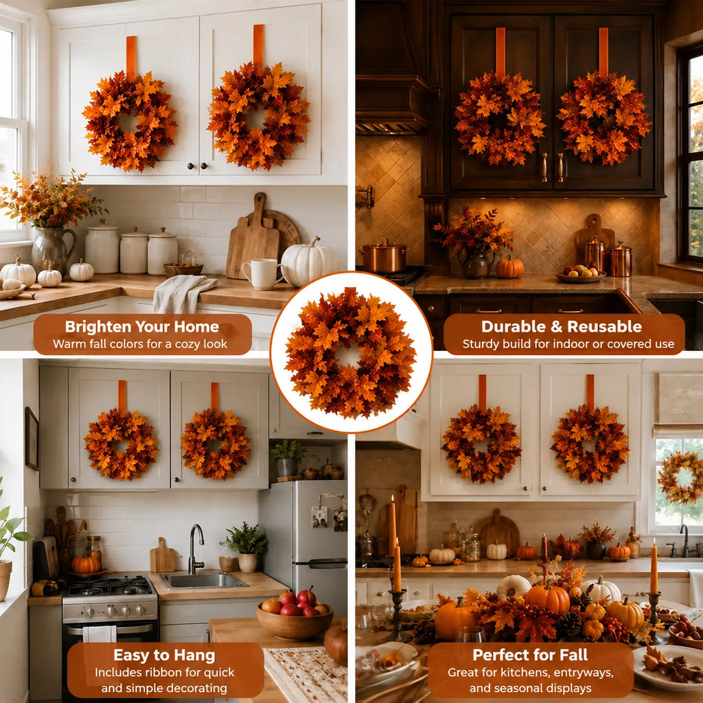 Mini Fall Maple Leaf Cabinet Wreath with Hanging Ribbon