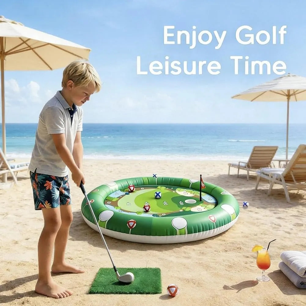 Child playing with the inflatable golf target at the beach