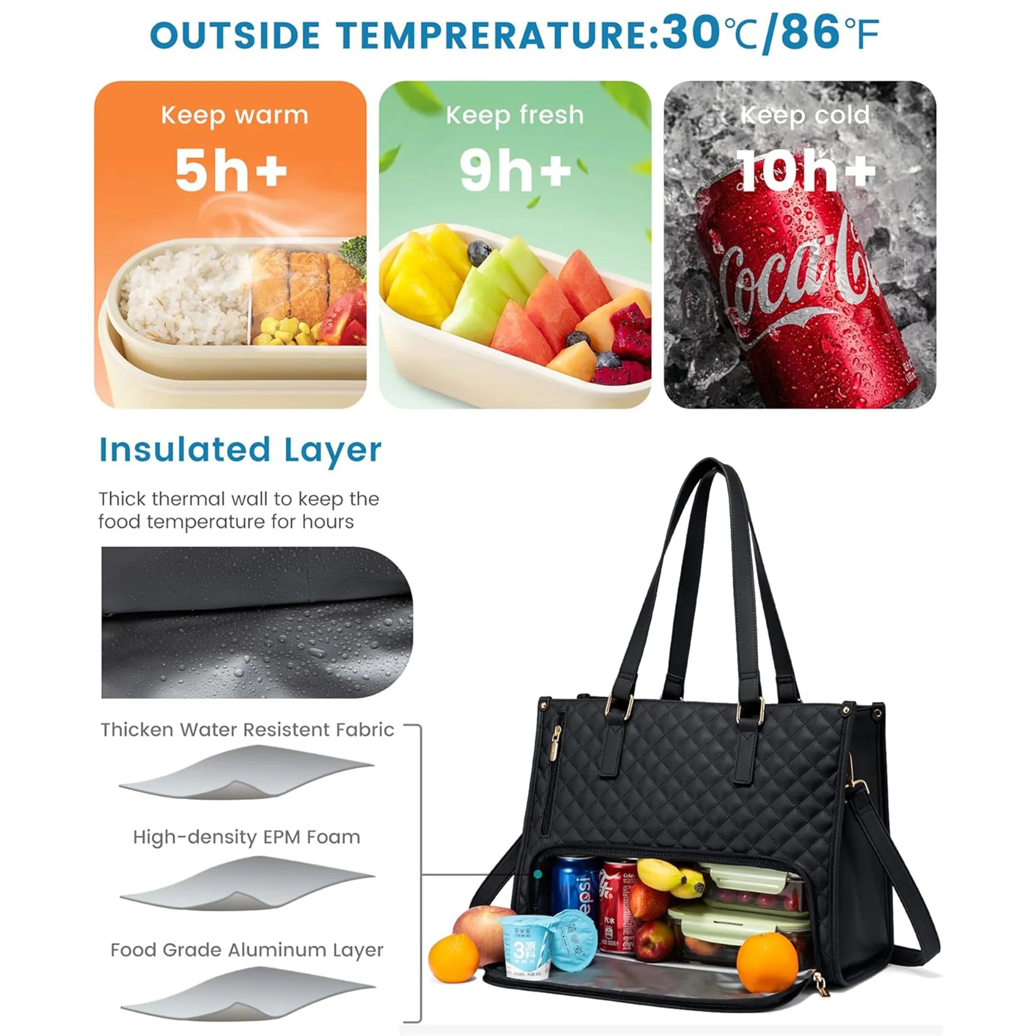 🖤Large capacity insulated handbag, can hold a laptop and lunchbox