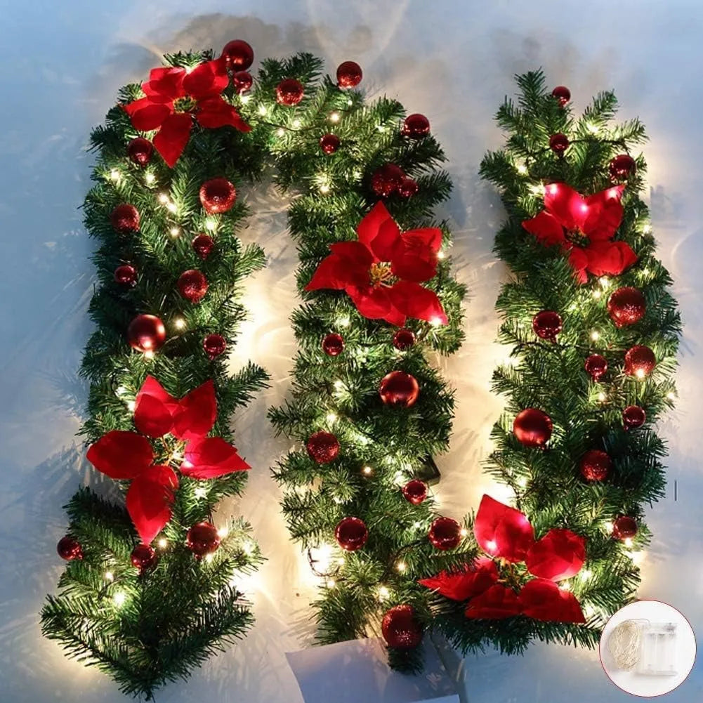 Pre-Lit Christmas Garland with Red Poinsettias & Warm Lights