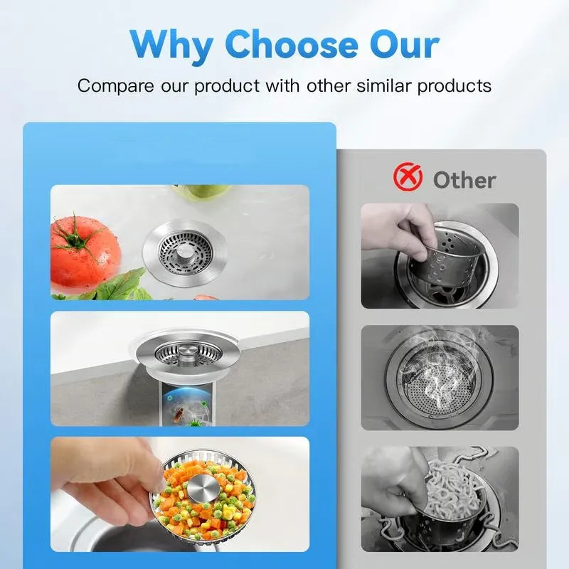 3-in-1 Kitchen Sink Drain Strainer,Stainless Steel Sink Plug, Deodorizing Anti-ClogBasket Strainer for US Standard 3-1/2 Inch Drains