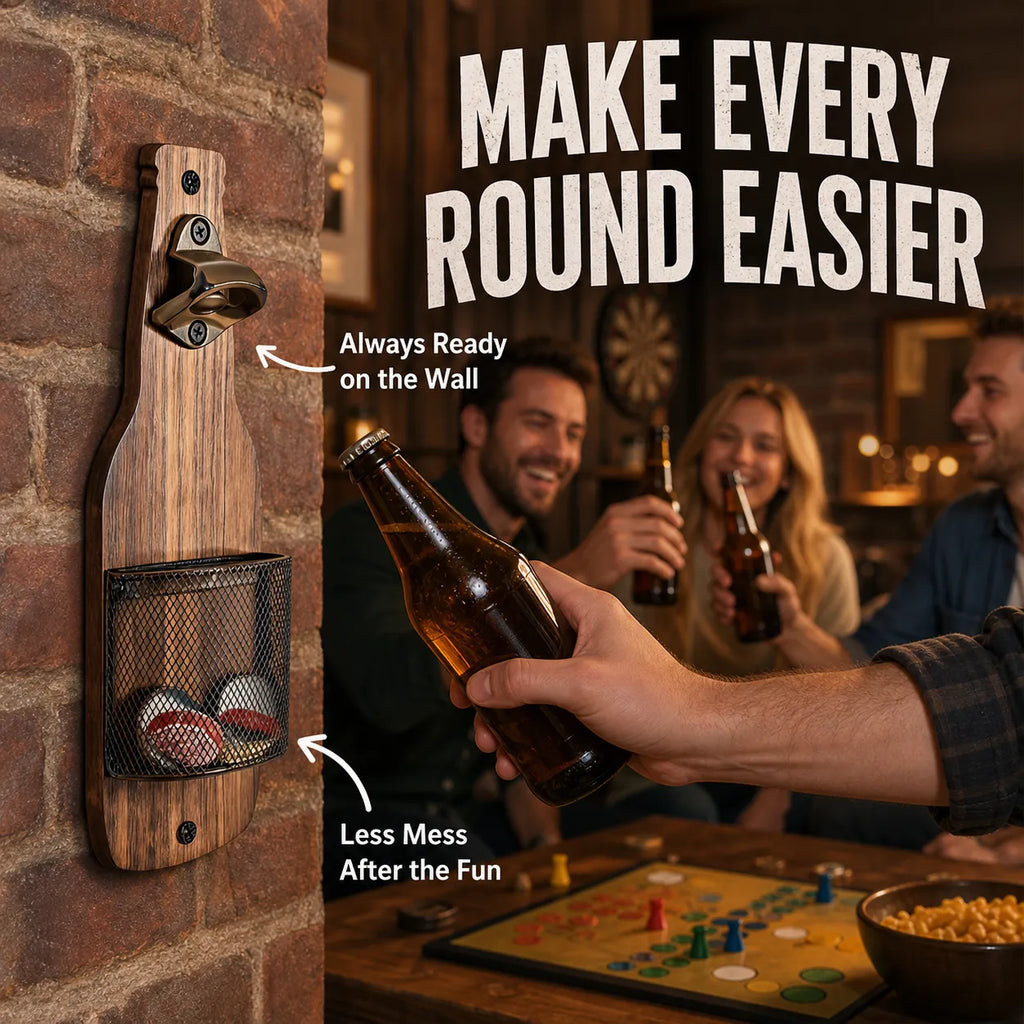 Rustic Wall-Mounted Bottle Opener with Cap Catcher