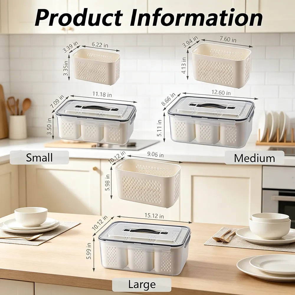 🥗 3-Compartment Refrigerator Crisper Container with Lid & Drain Basket