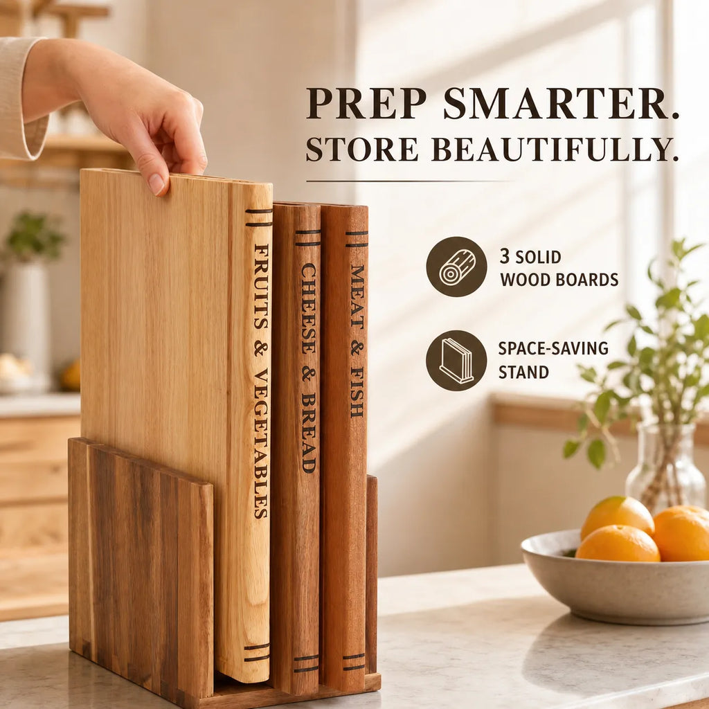 Book-Style Solid Wood Cutting Board Set with Stand