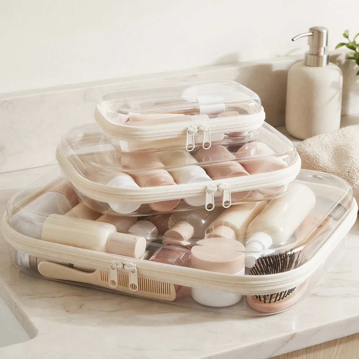 Three clear organizer sizes filled with cosmetics and toiletries