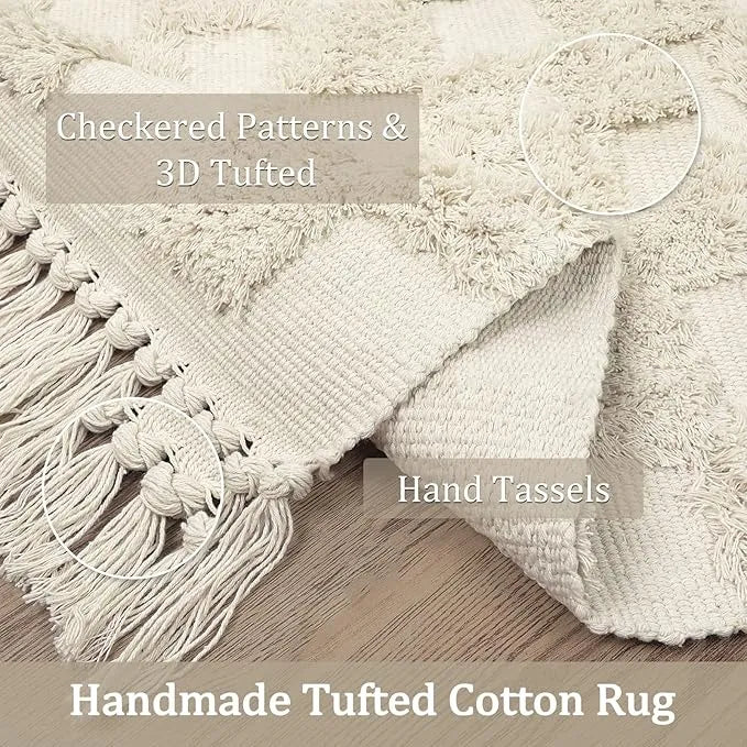 Boho Checkerboard Tufted Rug – Handmade Cotton Rug with Tasseled Edges