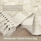Boho Checkerboard Tufted Rug – Handmade Cotton Rug with Tasseled Edges
