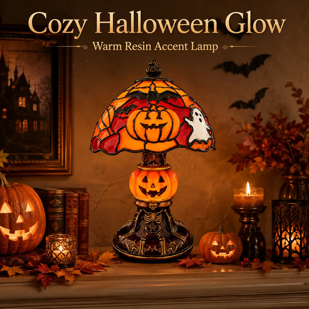 Cozy Halloween Glow Stained-Glass-Style Table Lamp