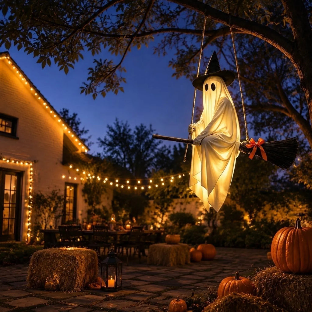 Light-Up Flying Broom Ghost Halloween Decoration
