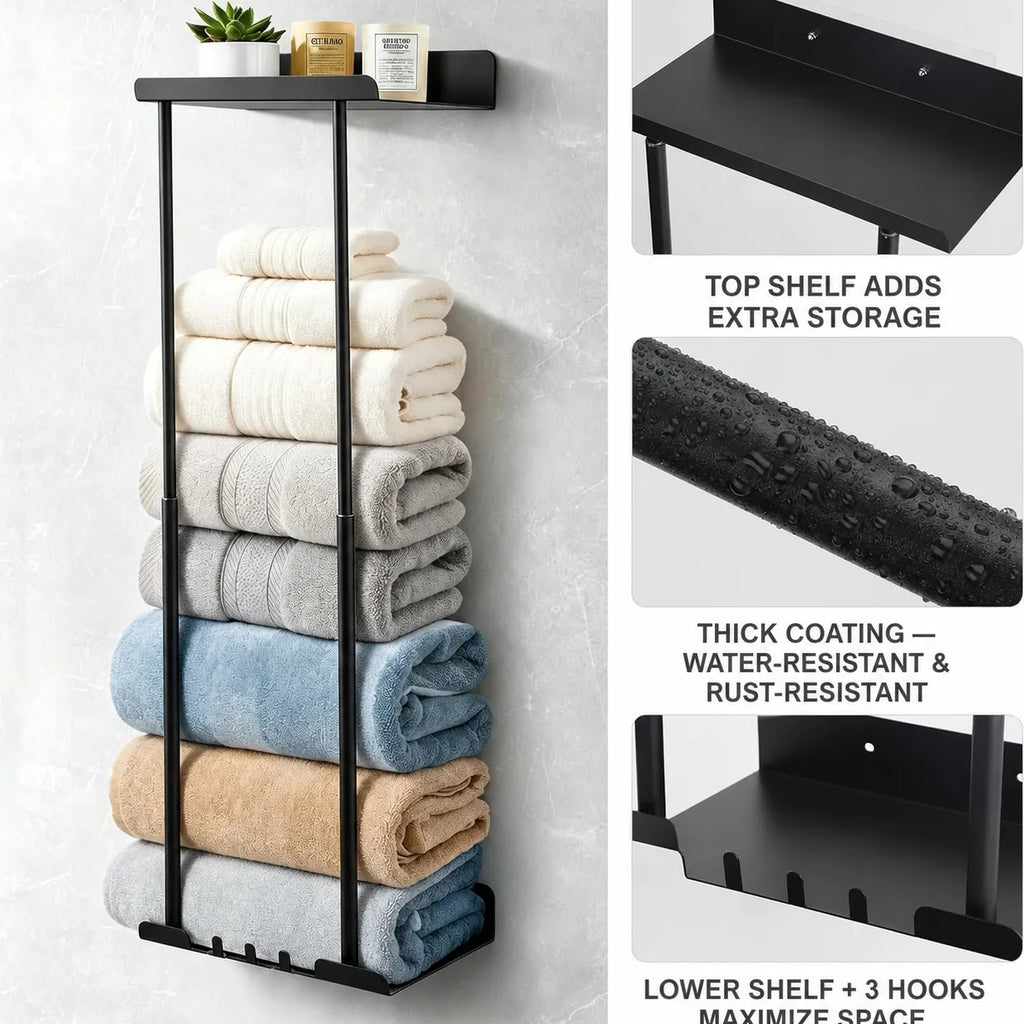Wall-Mounted Towel Organizer with Top Shelf & 3 Hooks