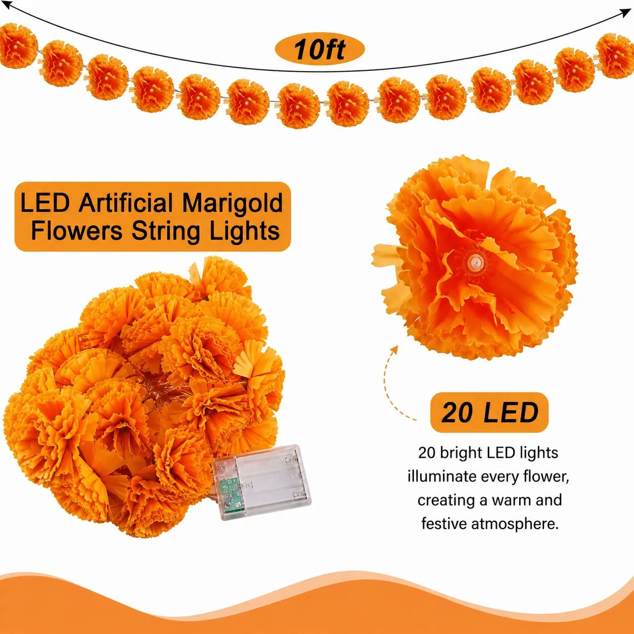 Lighted Marigold Flower String Lights - 10 ft, 20 Warm LEDs