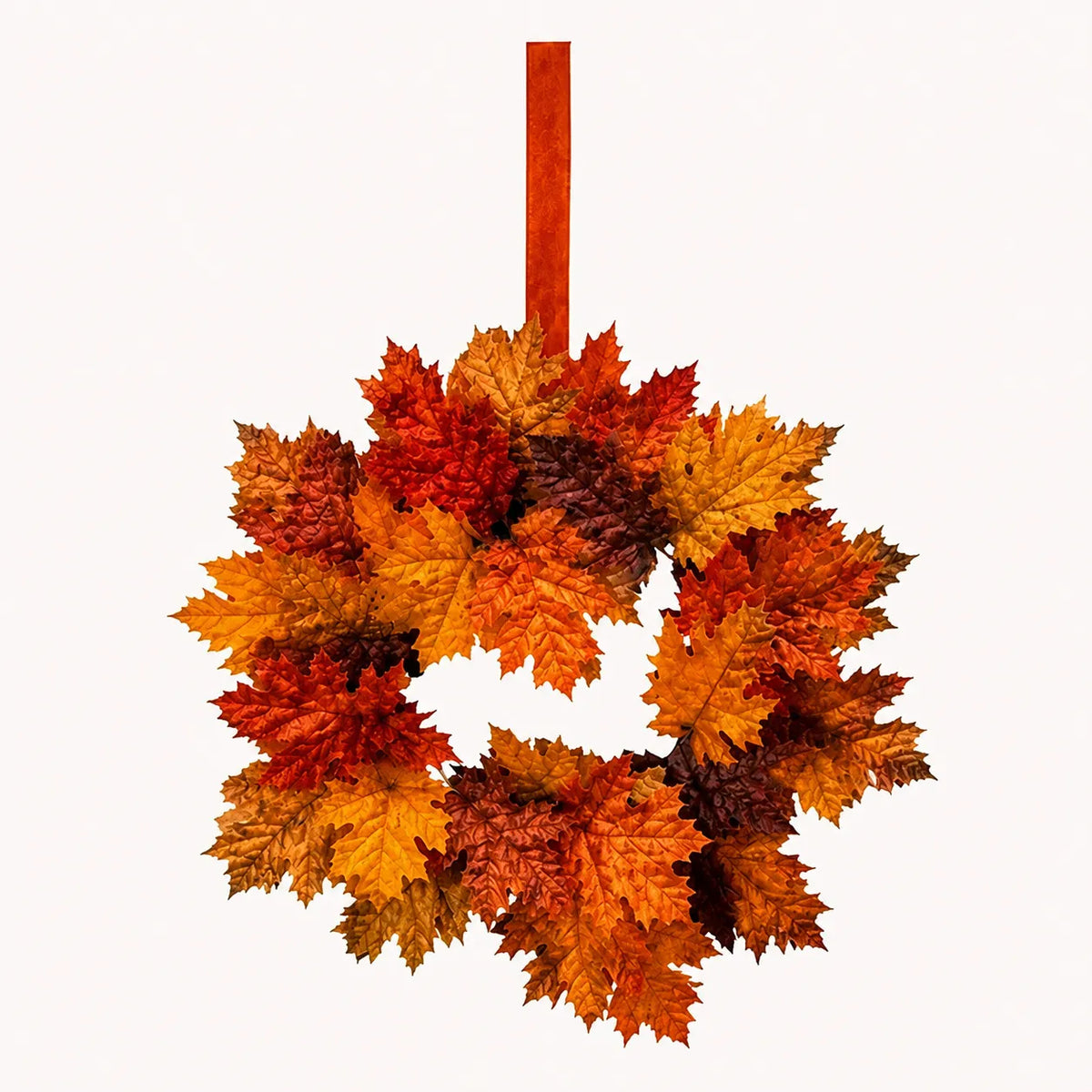 Single mini fall maple leaf wreath with orange hanging ribbon