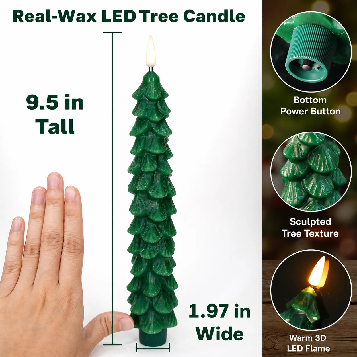 Dimensions and sculpted wax texture of a Christmas tree candle