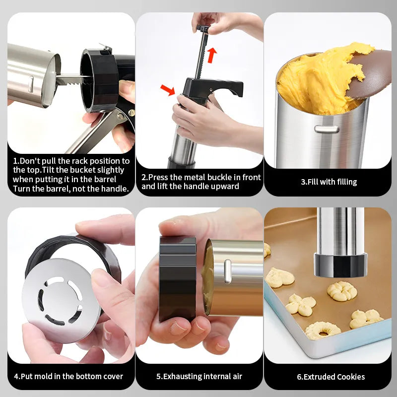 Stainless Steel Cookie Pres with 13 Discs & 8 Nozzles