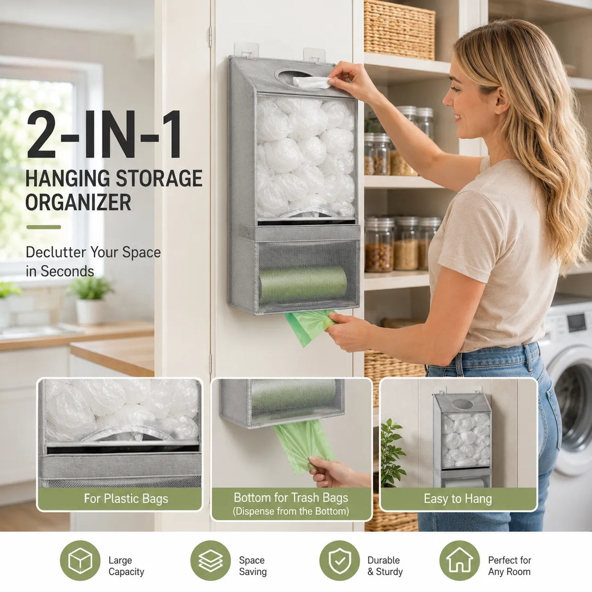 🛍️2-in-1 Hanging Storage Organizer — Large Capacity Plastic Bag & Trash Bag Dispenser