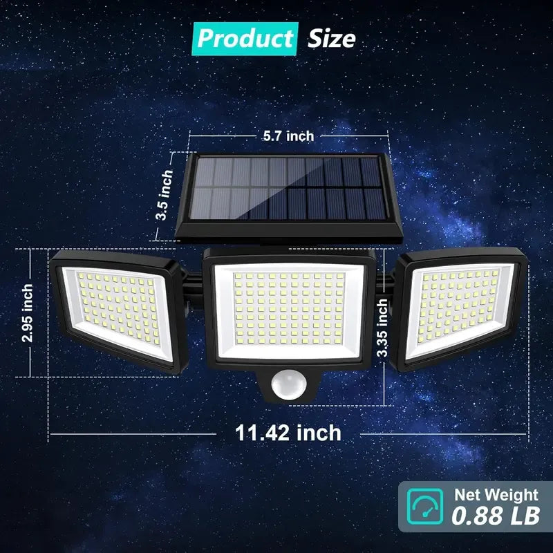 "Ultra-Bright 210 LED Solar Motion Sensor Light – 1000LM, 3 Adjustable Heads, Remote Control, IP44 Waterproof for Outdoor Security"