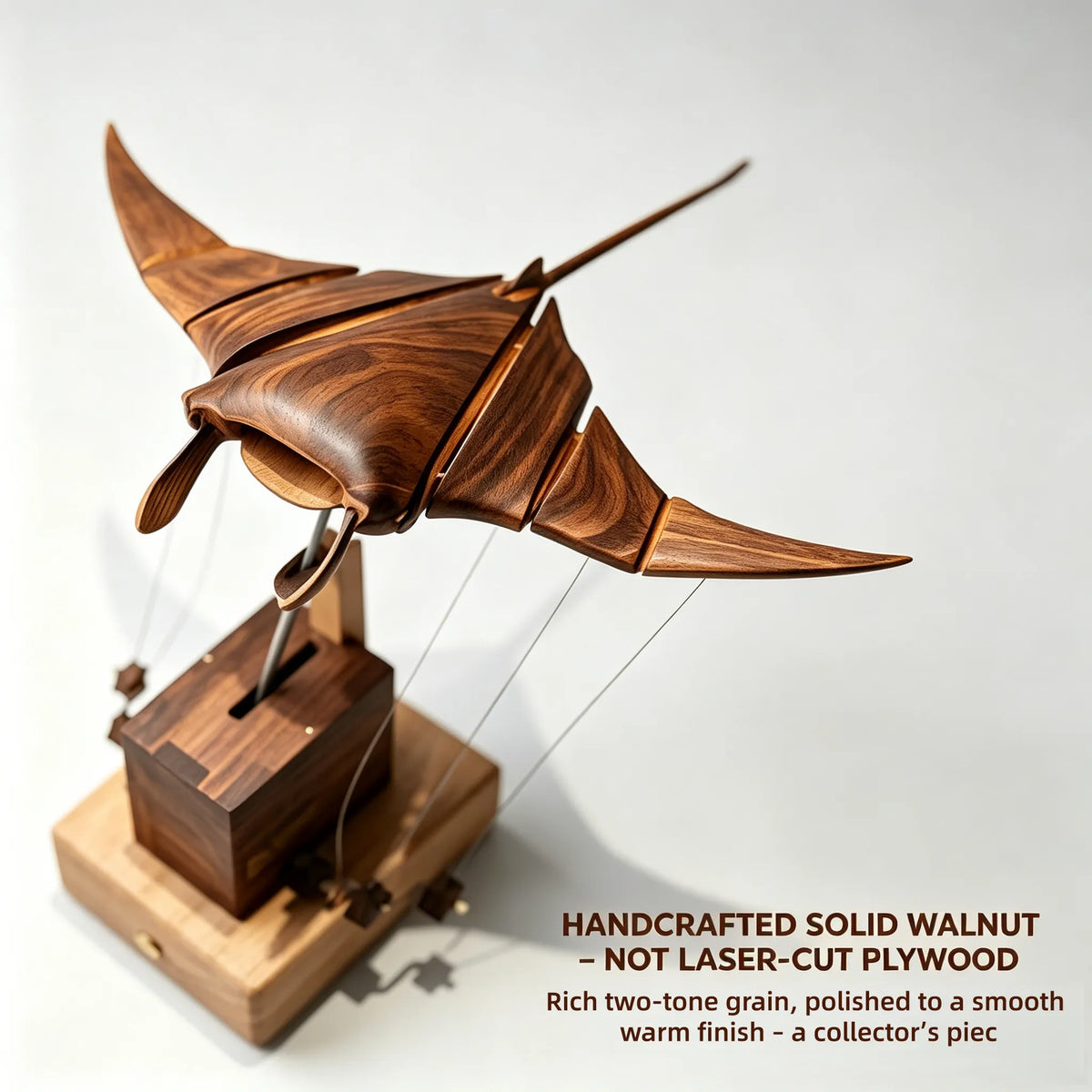 Handcrafted Walnut Manta Ray – USB Kinetic Sculpture, No Assembly