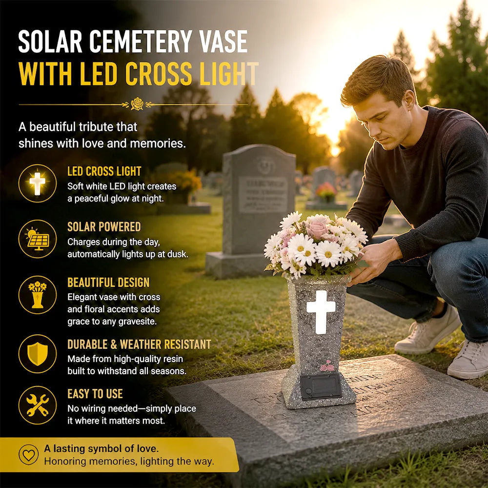 🕊️ Solar Cemetery Vase with LED Cross Light 🌿✨
