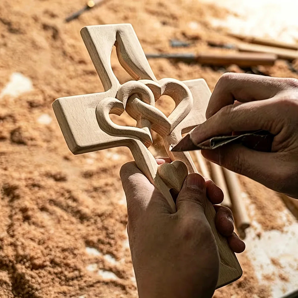 ✝️ Handmade Wooden Double-Heart Cross Wall Decor