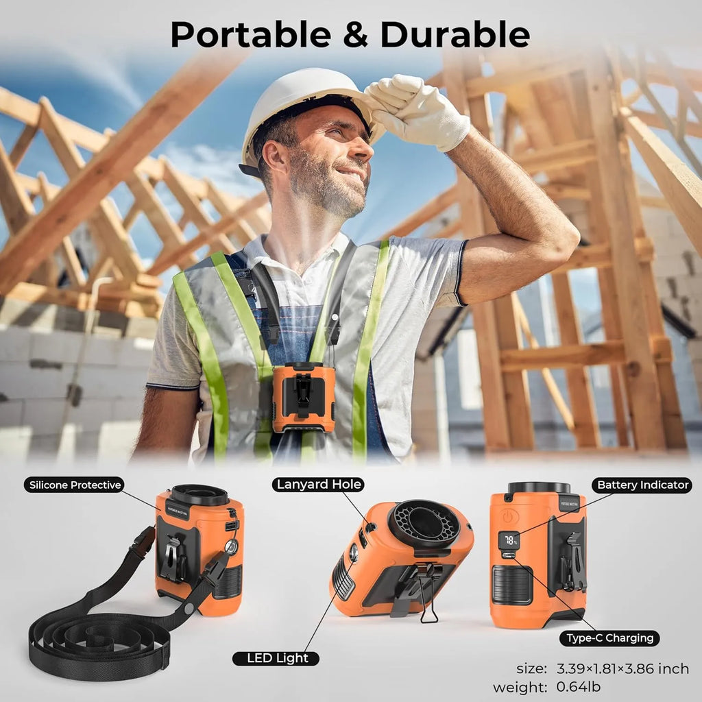 🔥 Stay Cool Anywhere – 5-in-1 Wearable Turbo Fan with Power Bank & LED