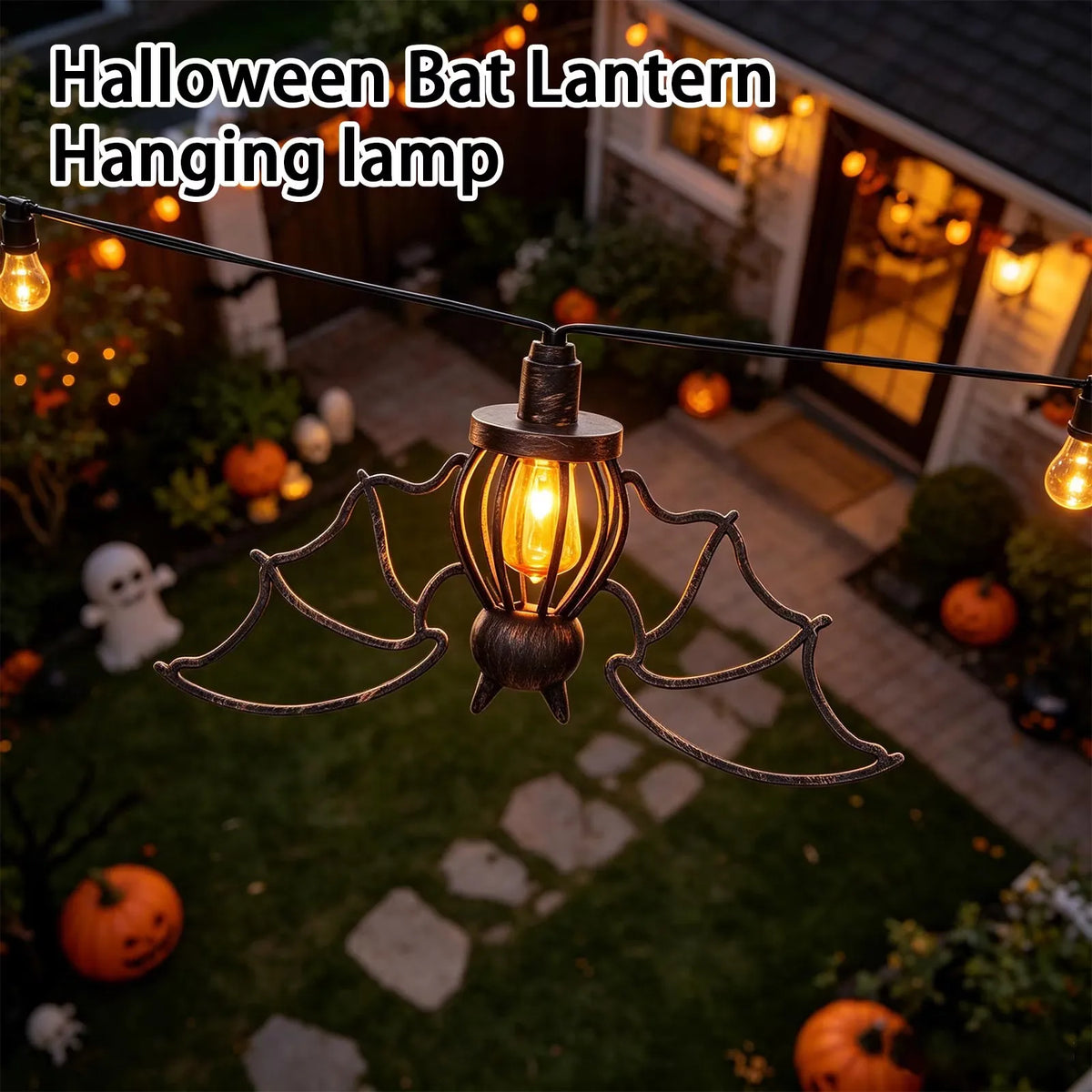 Bat Halloween flame string light displayed over an outdoor walkway