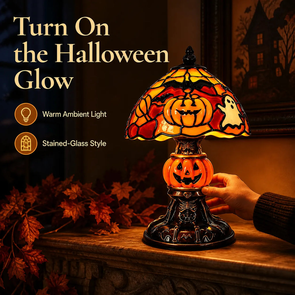 Cozy Halloween Glow Stained-Glass-Style Table Lamp