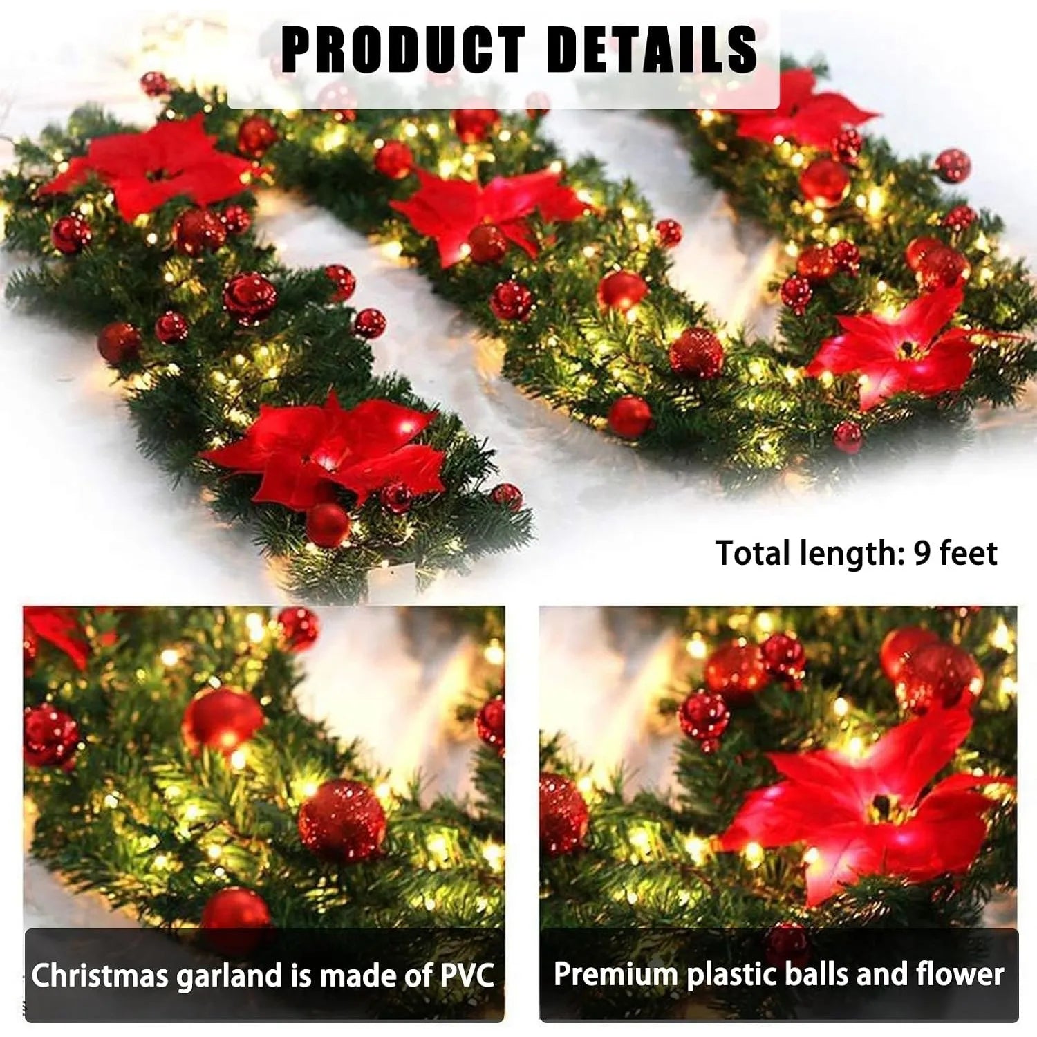 Pre-Lit Christmas Garland with Red Poinsettias & Warm Lights