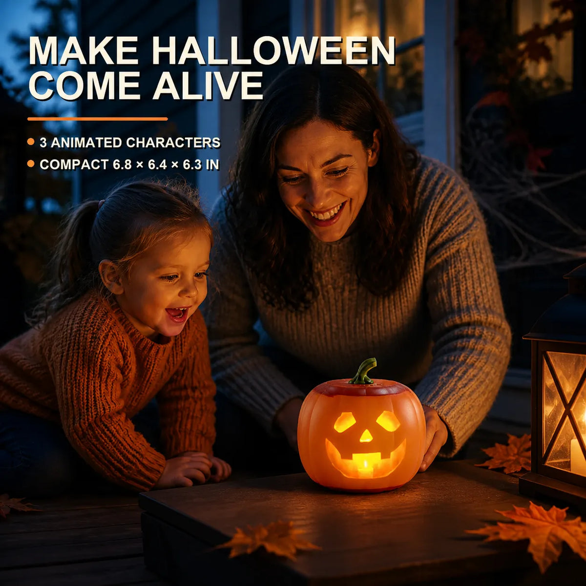 Mother and child watching the animated Halloween pumpkin come alive