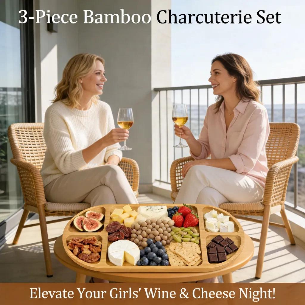 🍷 Large Bamboo Charcuterie Board Set - 3-Piece Round Wooden Cheese Tray for Cheese, Crackers, and Snacks
