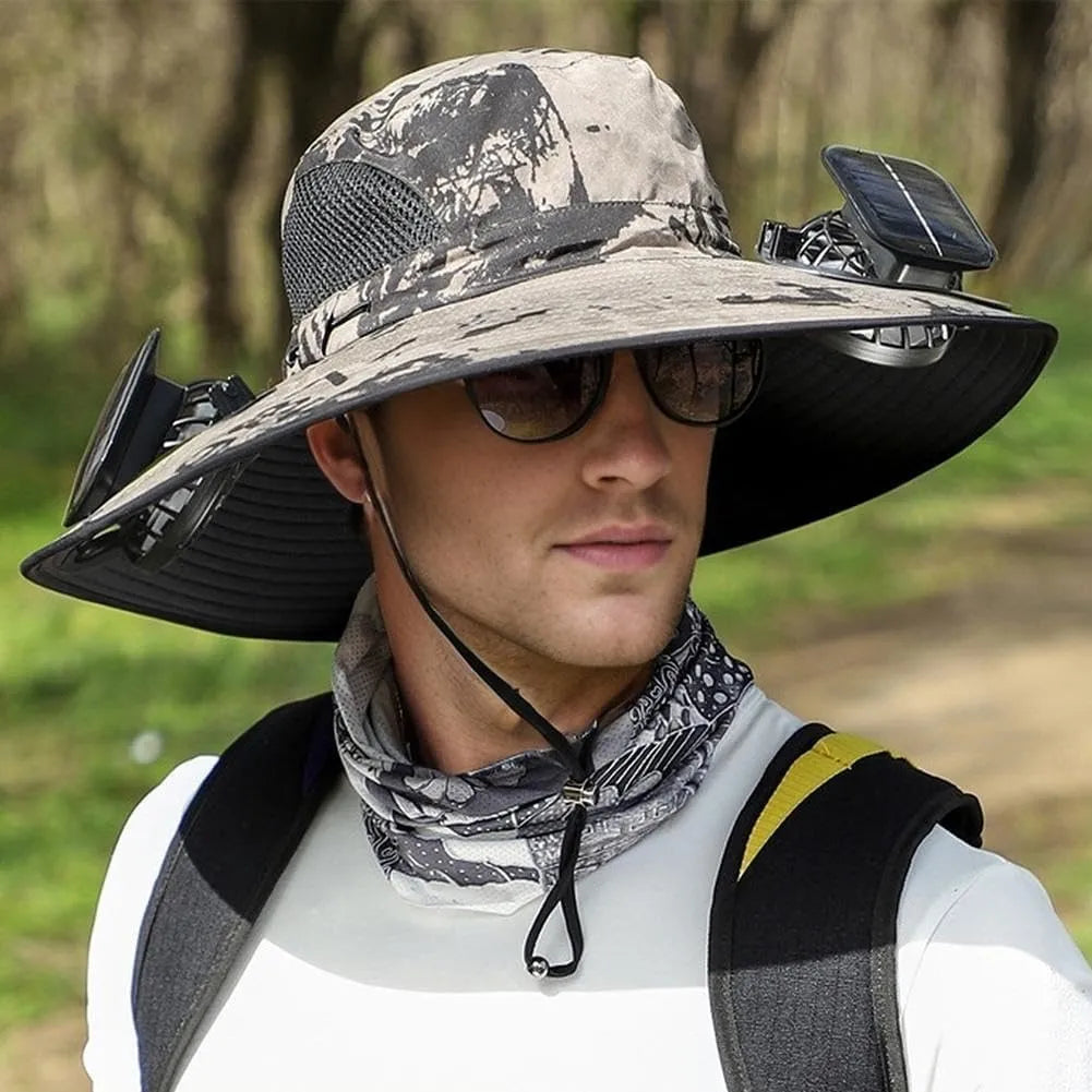 Wide Brim Sun Hat with Dual Solar-Powered Fans