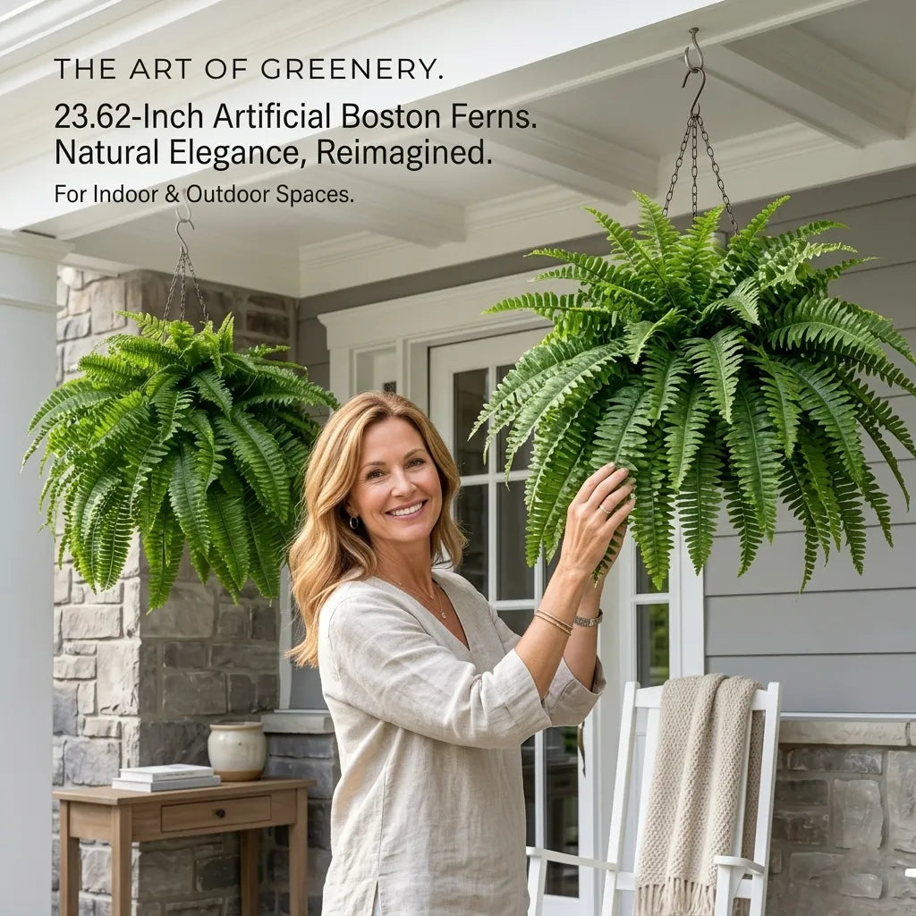 🌿23.62-Inch Artificial Boston Ferns – Realistic Faux Hanging Greenery
