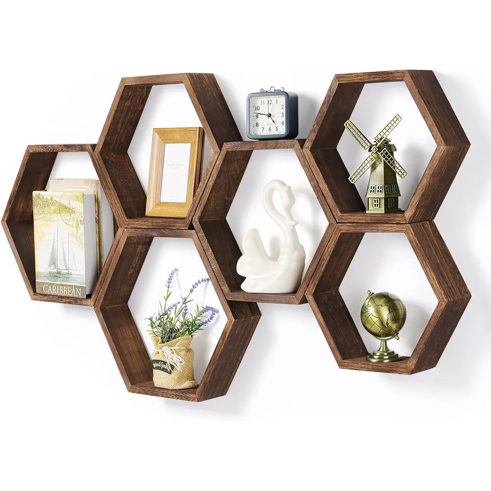 Set of 3 Hexagonal Floating Shelves – Rustic Honeycomb Wall-Mounted Storage Shelves-Perfect for Your Bedroom, Living Room, Hallway, or Office Decor