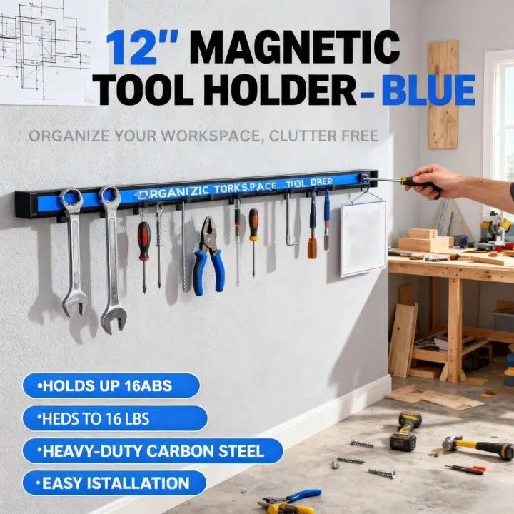 🔧 12" Magnetic Tool Holder – Heavy Duty Wall Mount Bars (Blue)