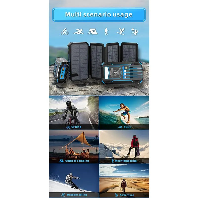 20000mAh Solar Power Bank with Foldable Panels, Wireless Charging & LED Flashlight