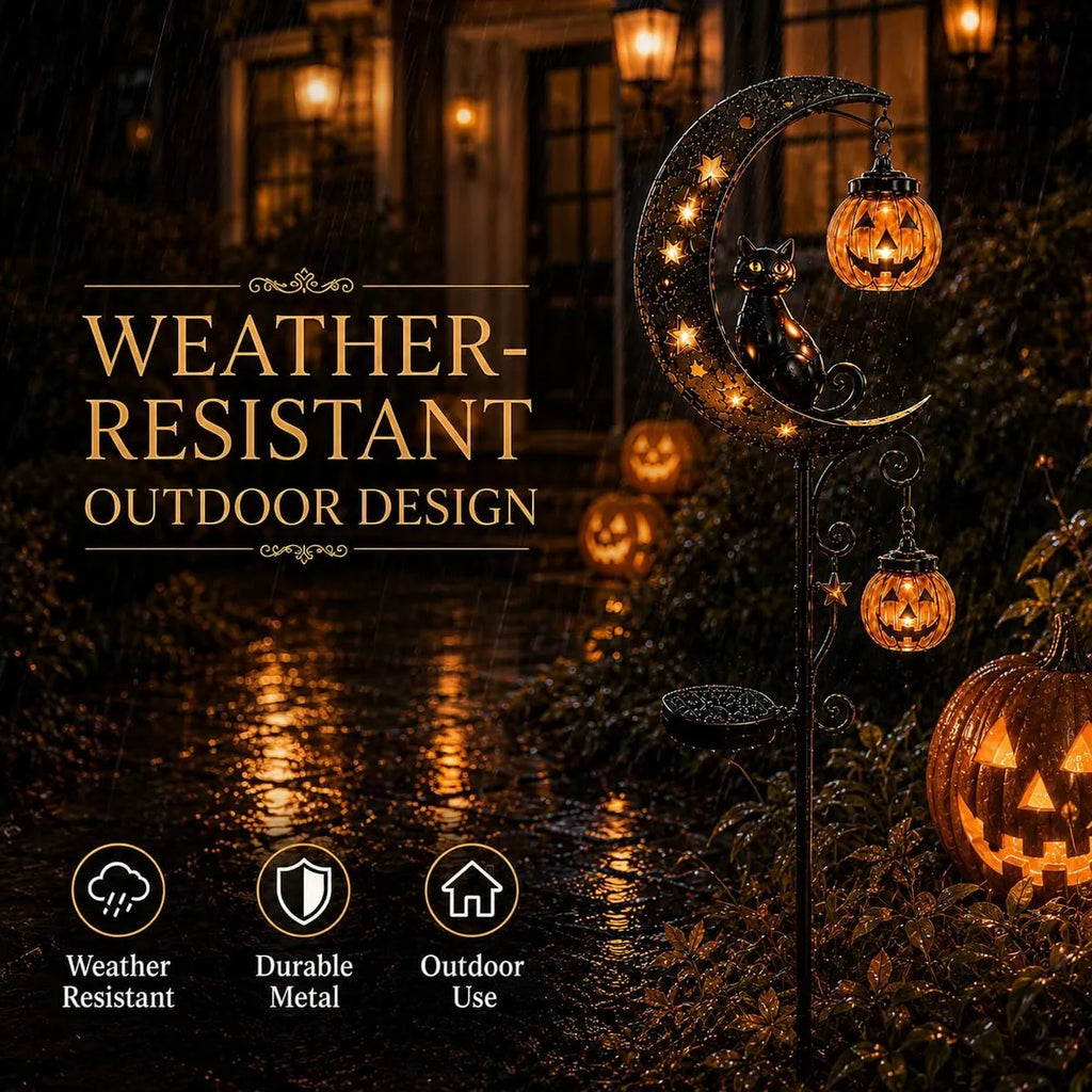 Solar Pumpkin Moon Garden Stake Light with Black Cat