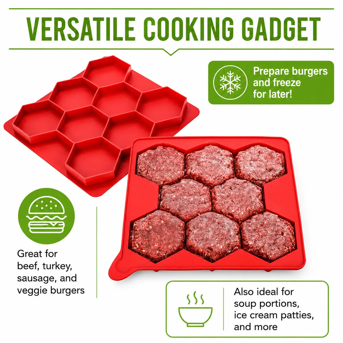 Rectangular red silicone mold with eight hexagonal burger portions