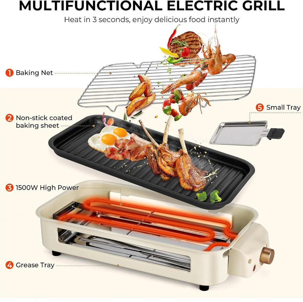 Double-Decker Indoor Electric Grill with 3 Personal Pans
